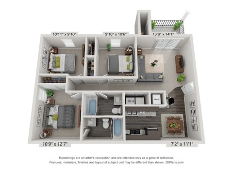 Floor plan for 3 beds, 2 baths, 999 sqft